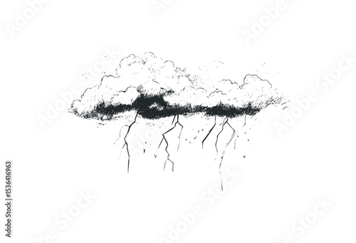 Sketch of thunderstorms with dark clouds and lightning bolts. Vector retro hand drawn illustration