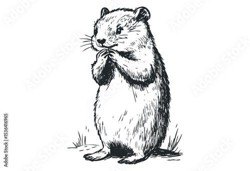 Intricate sketch of a standing hamster in thoughtful pose. Vector retro hand drawn illustration