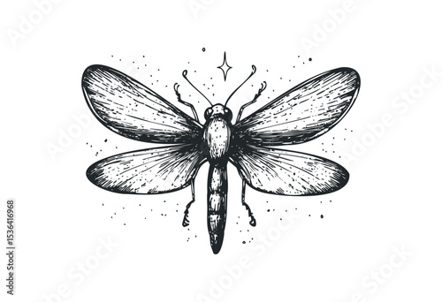 Detailed ink drawing of a dragonfly with outstretched wings. Vector retro hand drawn illustration