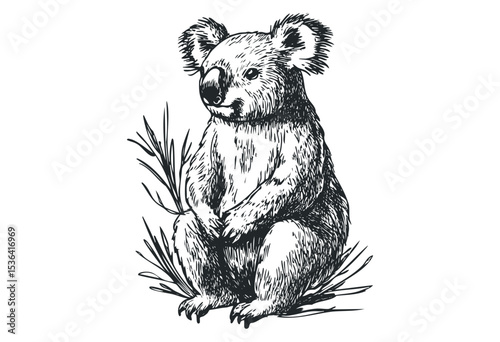 Detailed hand-drawn illustration of a sitting koala among leaves. Vector retro hand drawn illustration