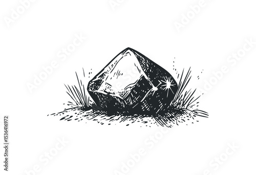 Illustration of a diamond-shaped gemstone with grass and sparkle detailing. Vector retro hand drawn illustration