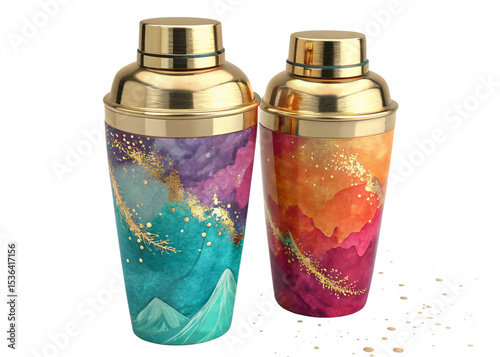 Two stylish cocktail shakers with gold lids and bases, featuring vibrant watercolor designs in teal, purple, and gold on one, and orange, pink, and gold on the other, with subtle gold splatter details