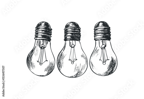 Sketch of three vintage light bulbs with detailed filament design. Vector retro hand drawn illustration