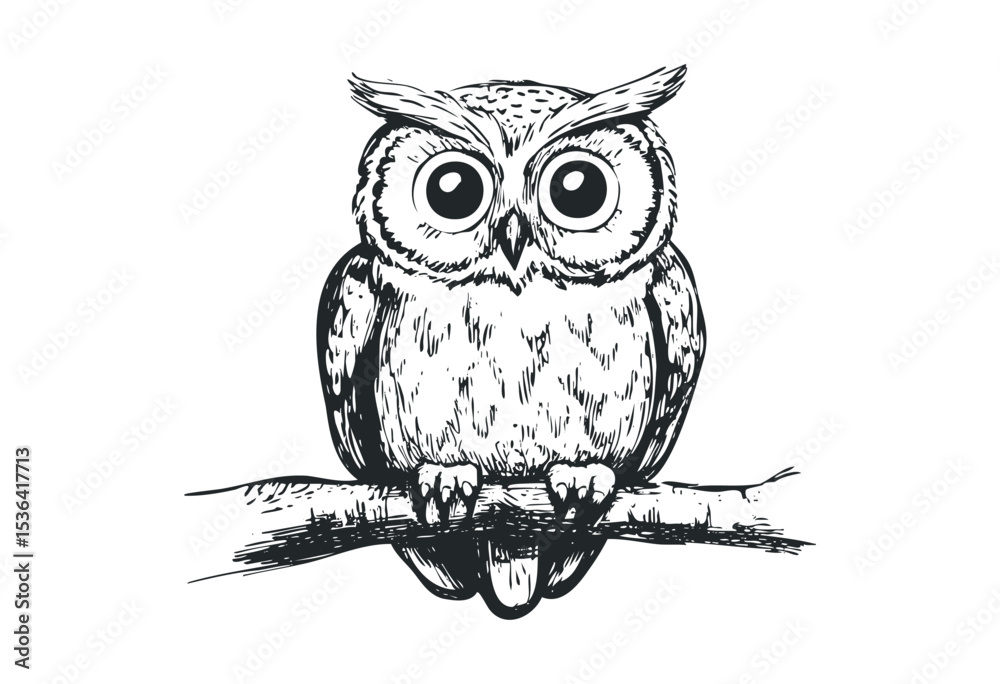 Obraz premium Detailed hand-drawn owl illustration on a branch. Vector retro hand drawn illustration