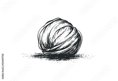 Intricate sketch of yarn ball with textured details. Vector retro hand drawn illustration
