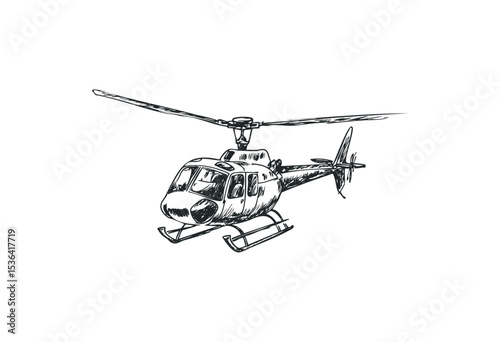 Detailed sketch of a helicopter in flight with rotating blades. Vector retro hand drawn illustration