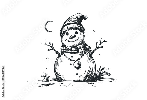 Adorable snowman with scarf and hat under crescent moon in vintage style illustration. Vector retro hand drawn illustration