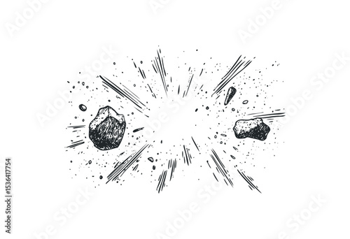 Meteor shower explosion with rocks and debris in motion. Vector retro hand drawn illustration