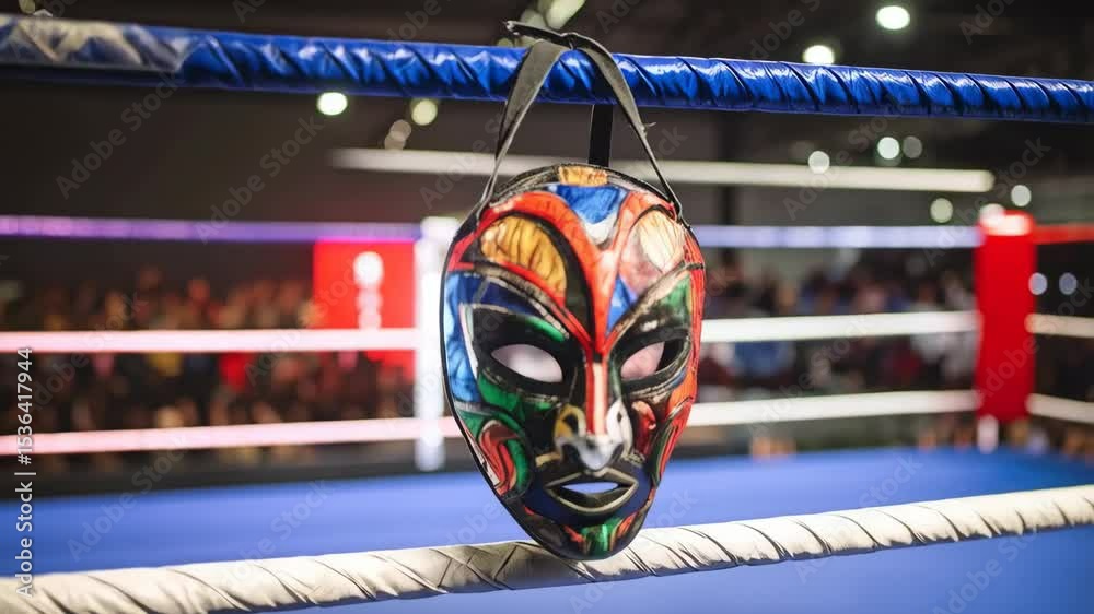 Close-up view of a colorful luchador mask hanging on the blue rope of a boxing ring during a wrestling match