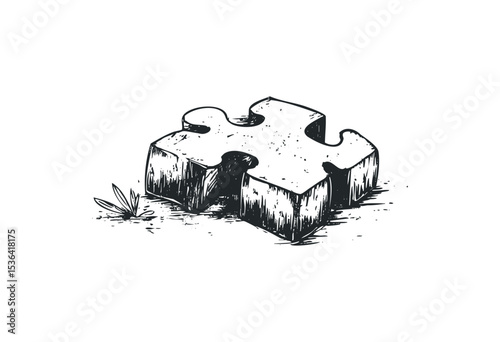 Monochrome illustration of a single puzzle piece on a simple surface. Vector retro hand drawn illustration