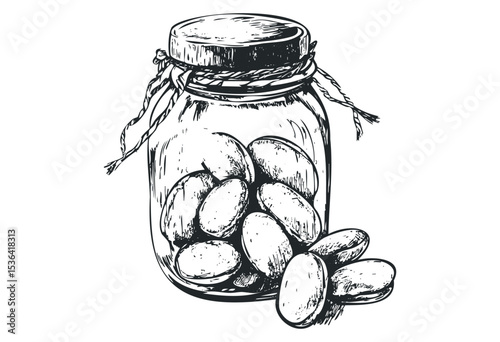 Hand-drawn pickled cucumbers in a glass jar. Vector retro hand drawn illustration