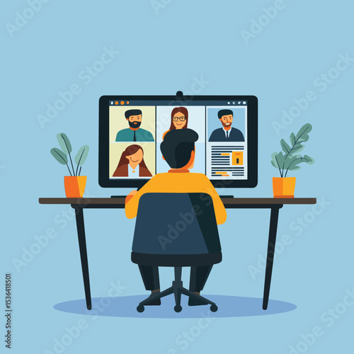 flat vector online video conference for meeting with remote technology. business team connect collaboration working concept, vector style simple color