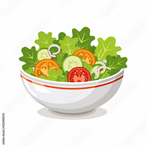 Bowl of fresh salad with lettuce, tomato, cucumber, and onion slices, on a white background.