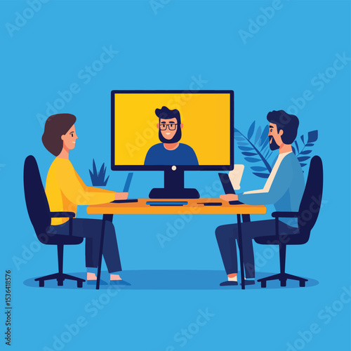 flat vector online video conference for meeting with remote technology. business team connect collaboration working concept, vector style simple color