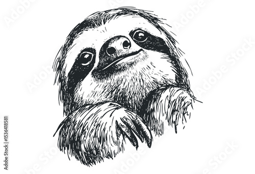 Illustrated close-up of a sloth’s face with detailed fur texture. Vector retro hand drawn illustration