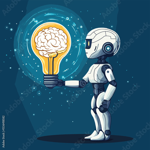 illustration design the future of artificial intelligence  systems and human brain thinking concept and robot pointing toward a large lightbulb with human brain
