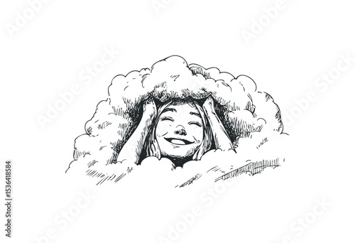 Happy young girl with cloud surrounding her head in whimsical sketch. Vector retro hand drawn illustration