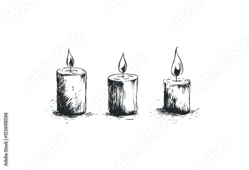 Hand-drawn illustration of three rustic candles with flames. Vector retro hand drawn illustration