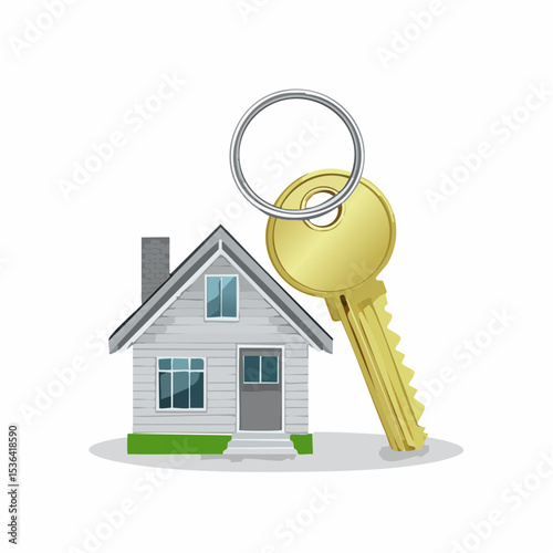 Illustration of a small house with a chimney and a large golden key with a keyring.