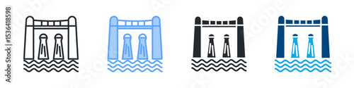 Hydropower Dam Icon Set Multiple Style. Design In Outline, Blue, Glyph, Dualtone