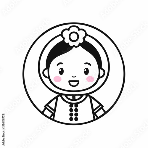 A simple illustration of a young girl with a flower in her hair, framed in a circle.