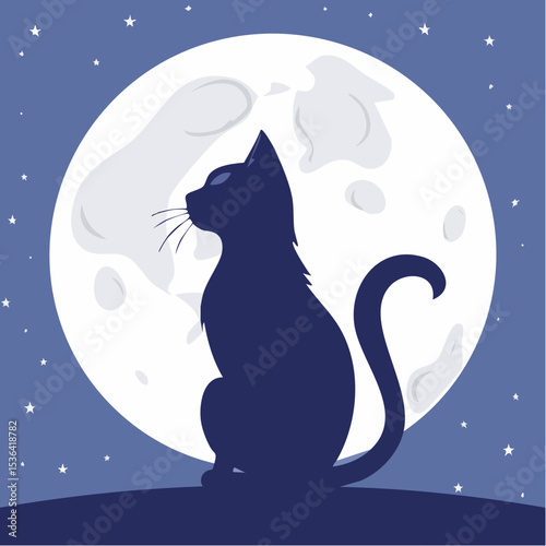 Silhouette of a cat sitting under a full moon at night.