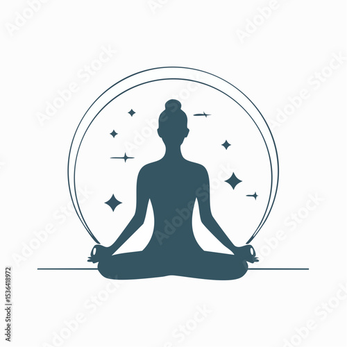 Silhouette of a person meditating in lotus position, surrounded by stars.