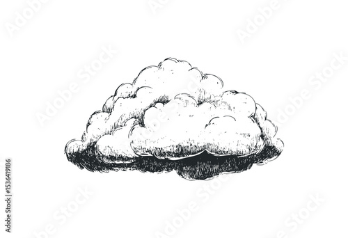 Hand-drawn cloud sketch illustrating a fluffy atmospheric shape. Vector retro hand drawn illustration