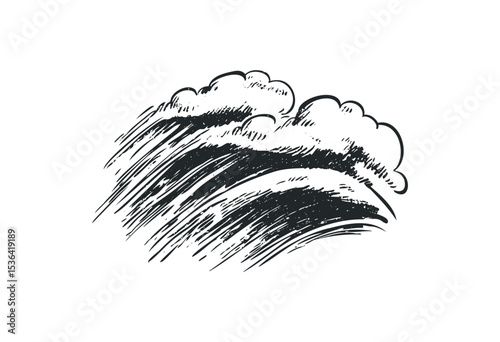 Vintage sketch of ocean waves with clouds in motion. Vector retro hand drawn illustration