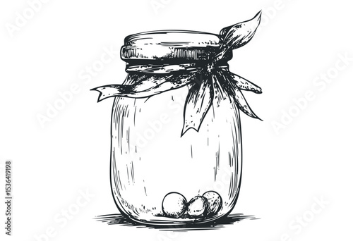 Hand-drawn glass jar with ribbon and ball ornaments. Vector retro hand drawn illustration