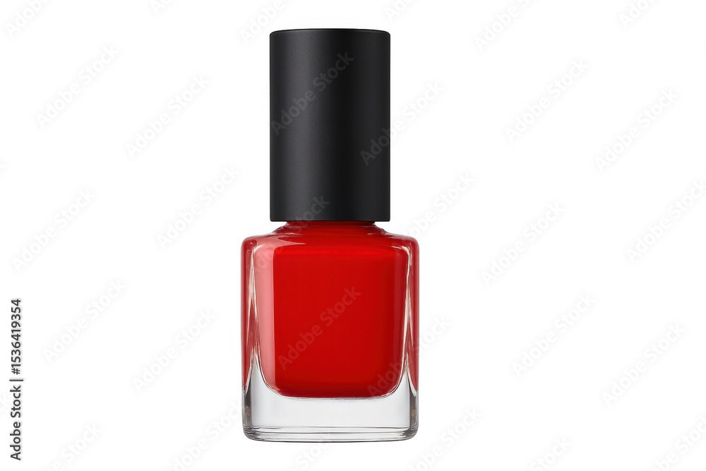 Sleek glass bottle containing vibrant red nail polish, black cap, transparent background highlighting cosmetic product details Sleek glass bottle containing vibrant red nail polish, black cap, transparent background highlighting cosmetic product details