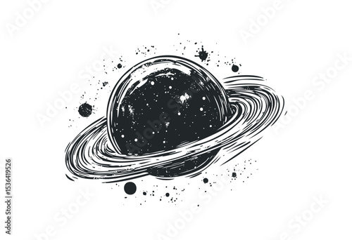Artistic saturn sketch with rings and stars. Vector retro hand drawn illustration
