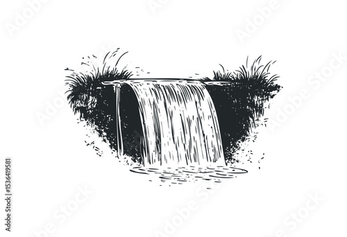 Illustrated waterfall surrounded by grass. Vector retro hand drawn illustration