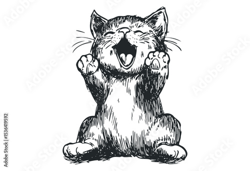 Playful kitten yawning with paws raised in joyful expression. Vector retro hand drawn illustration
