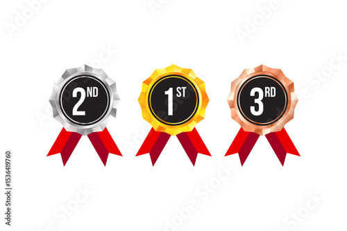 Gold, silver and bronze medals vector illustration set for label, certificate, badge, winner. 3d stars award seals isolated collection. 1st, 2nd and 3rd medal place rankings with vibrant red ribbons