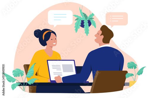 Two people engaging in a conversation or interview at a table, with speech bubbles representing dialogue and a laptop visible, suggesting business or professional discussion. Flat design illustration