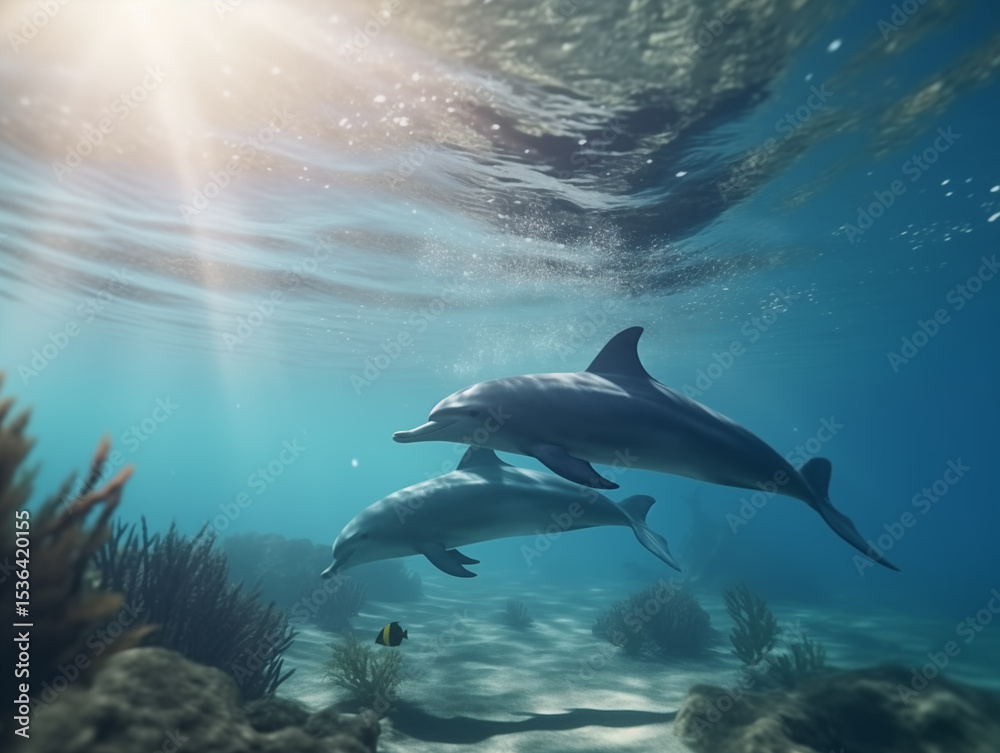 Obraz premium Dolphin parent and child swimming in the sea