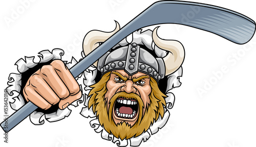An angry Viking cartoon character holding hockey stick ice hockey sports team mascot illustration.