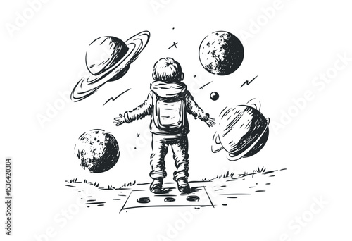 Child exploring space: imaginative journey with planets and stars. Vector retro hand drawn illustration