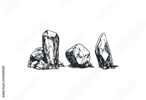 Variety of detailed hand-drawn rocks and crystals sketch. Vector retro hand drawn illustration