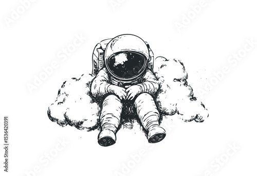 Illustration of a young astronaut sitting on a cloud. Vector retro hand drawn illustration