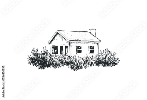 Rustic house sketch surrounded by bushes in simple black line art. Vector retro hand drawn illustration