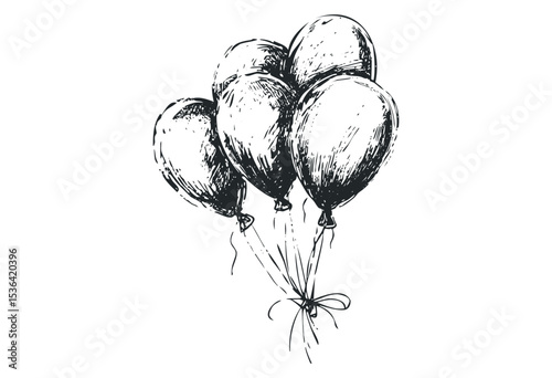 Hand-drawn sketch of a balloon bouquet in black ink. Vector retro hand drawn illustration
