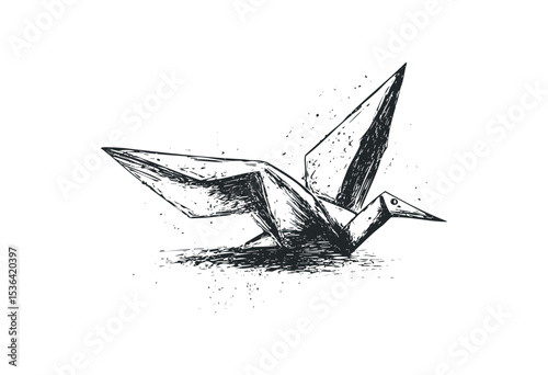 Monochrome origami crane illustration with textured details. Vector retro hand drawn illustration