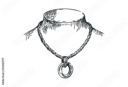 Artistic sketch of necklace with ornamental ring on display stand. Vector retro hand drawn illustration