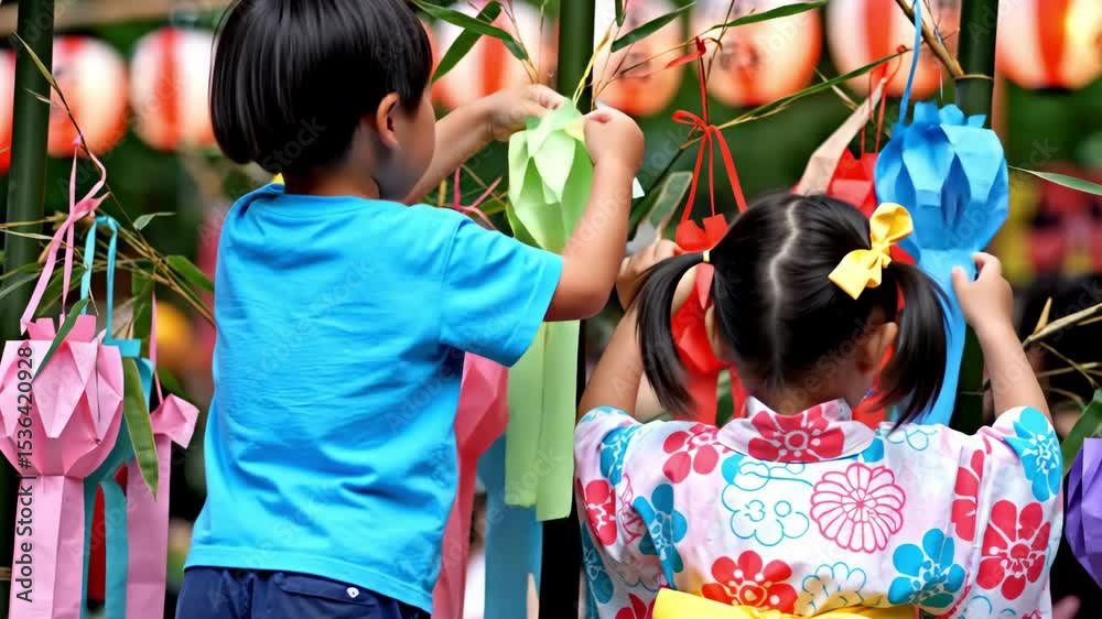 Children Hanging Tanabata Decorations at a Japanese Summer Festival