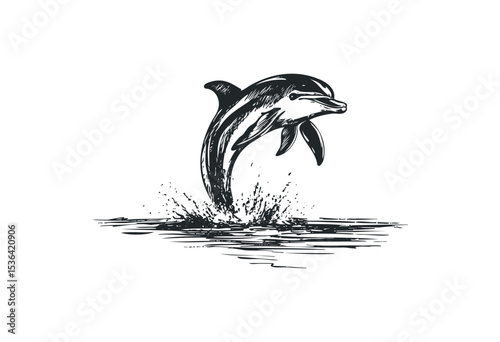Illustration of a dolphin leaping out of water. Vector retro hand drawn illustration