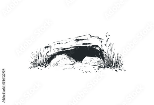 Sketch of natural rock formation with grass in foreground. Vector retro hand drawn illustration