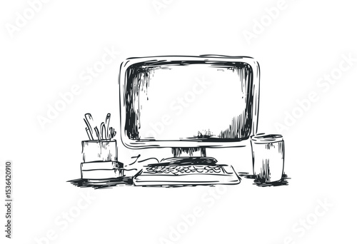 Hand-drawn desktop setup with monitor and accessories. Vector retro hand drawn illustration