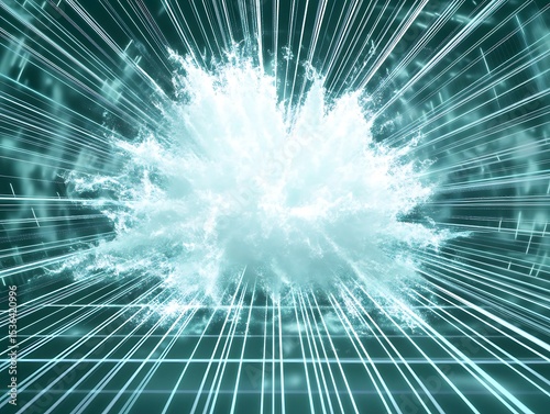Aurora particle burst in icy cyan and white over futuristic digital grid